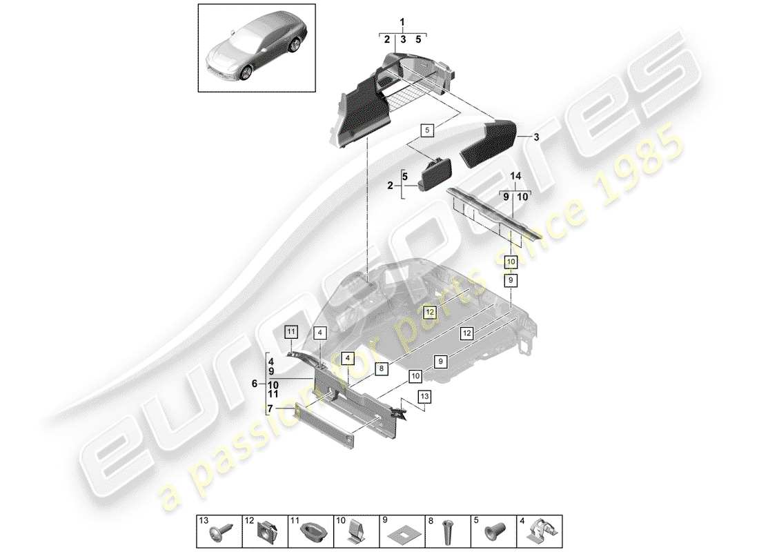 porsche panamera 971 (2018) kofferraumverkleidung - ersatzteildiagramm
