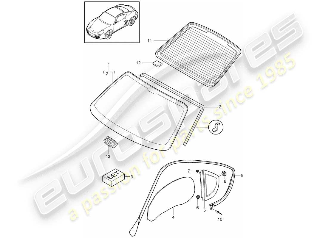 porsche 2010 (987 cayman) fensterverglasung ersatzteildiagramm