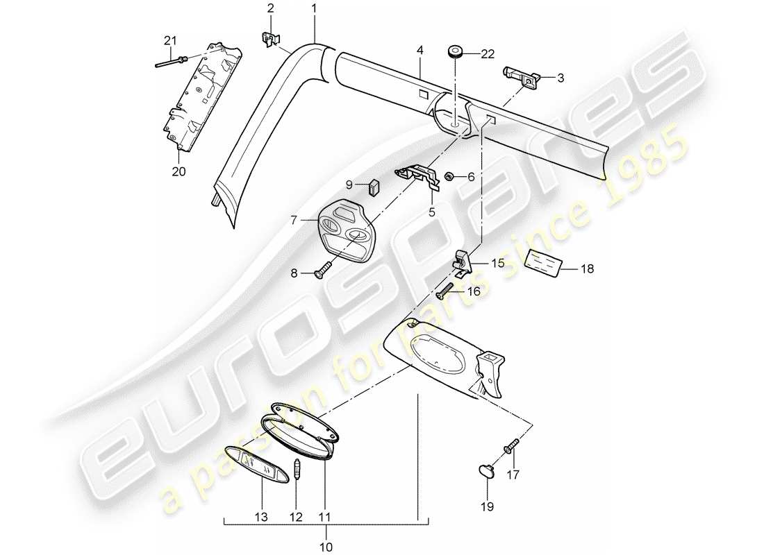 porsche 2001 (996 turbo / gt2) windschutzscheibenrahmen – sonnenblende teilediagramm