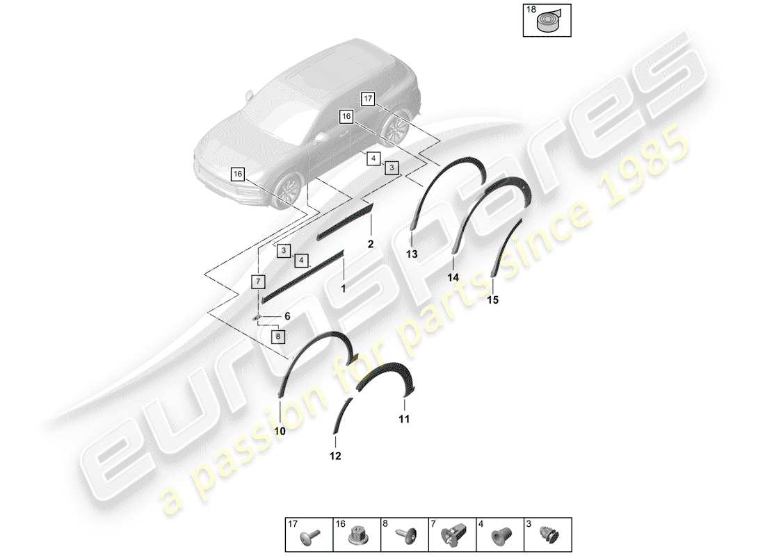 porsche 2018 (cayenne e3 9ya/9yb) radkastenabdeckung ersatzteildiagramm