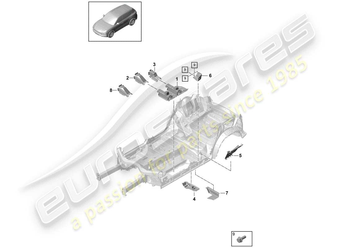 porsche 2018 (cayenne e3 9ya/9yb) bodenplatten ersatzteildiagramm