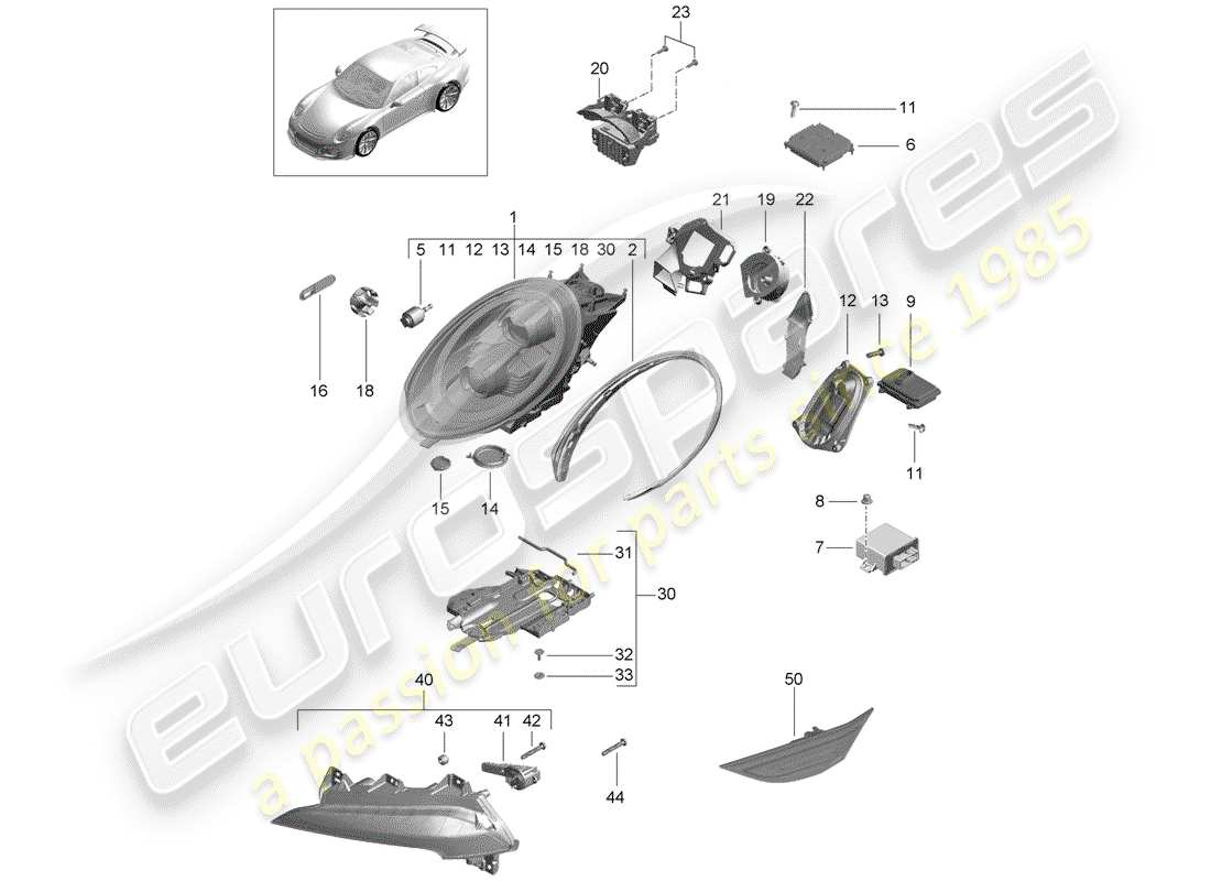 porsche 2020 (991-2 r/gt3/rs) led-scheinwerfer-ersatzteildiagramm