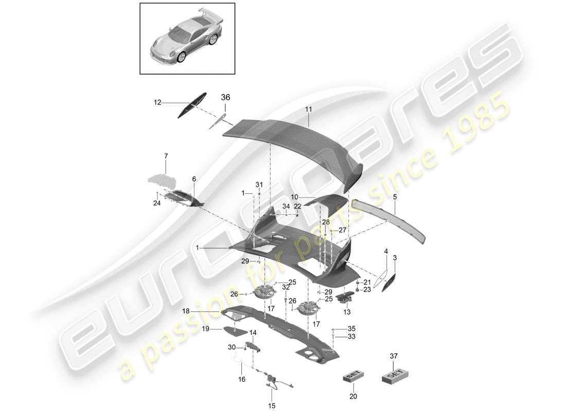 porsche 2020 (991-2 r/gt3/rs) hinterer kofferraumdeckel - teilediagramm