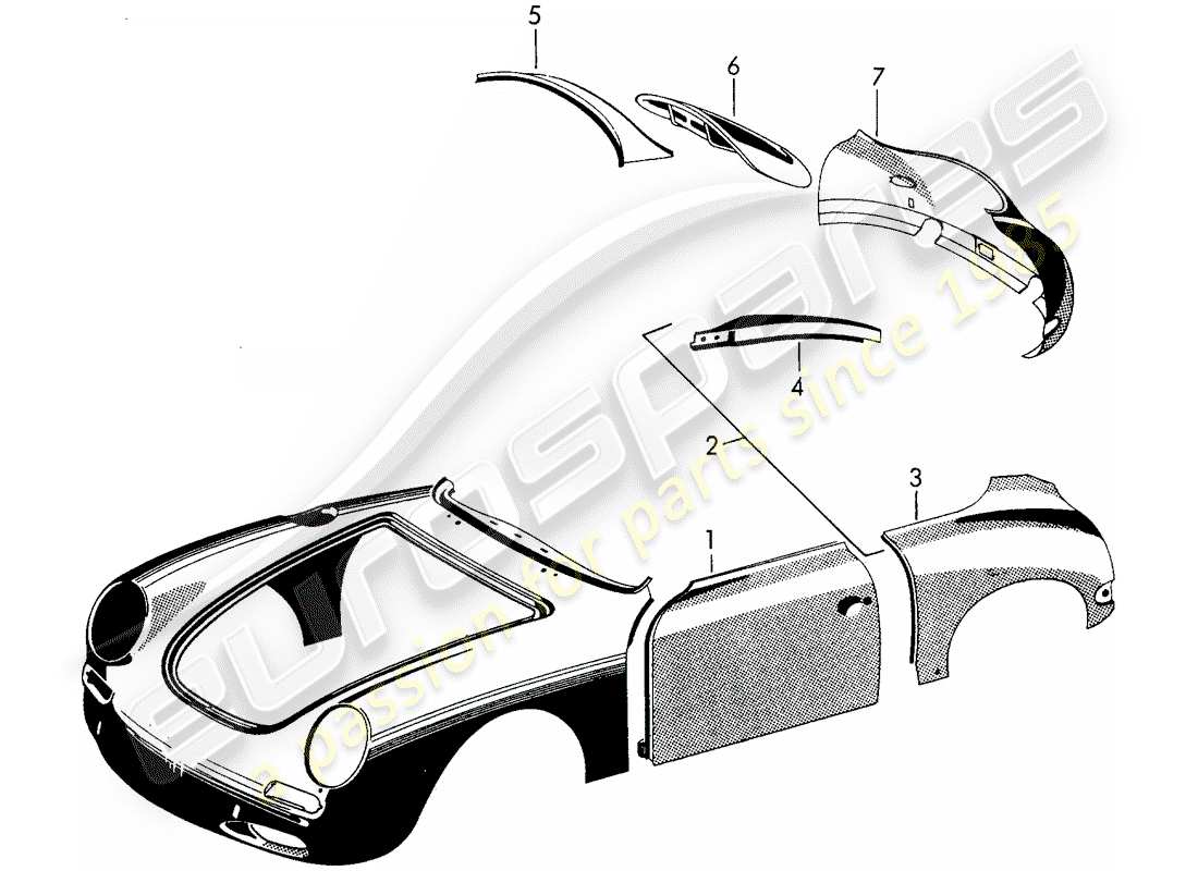 porsche 1961 (356b/356c) aussenverkleidung - kotflügel ersatzteildiagramm