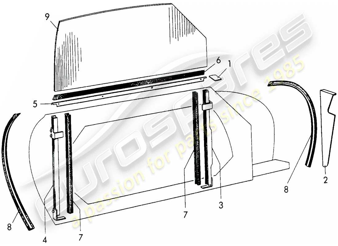 porsche 1954 (356/356a) türfenster teilediagramm