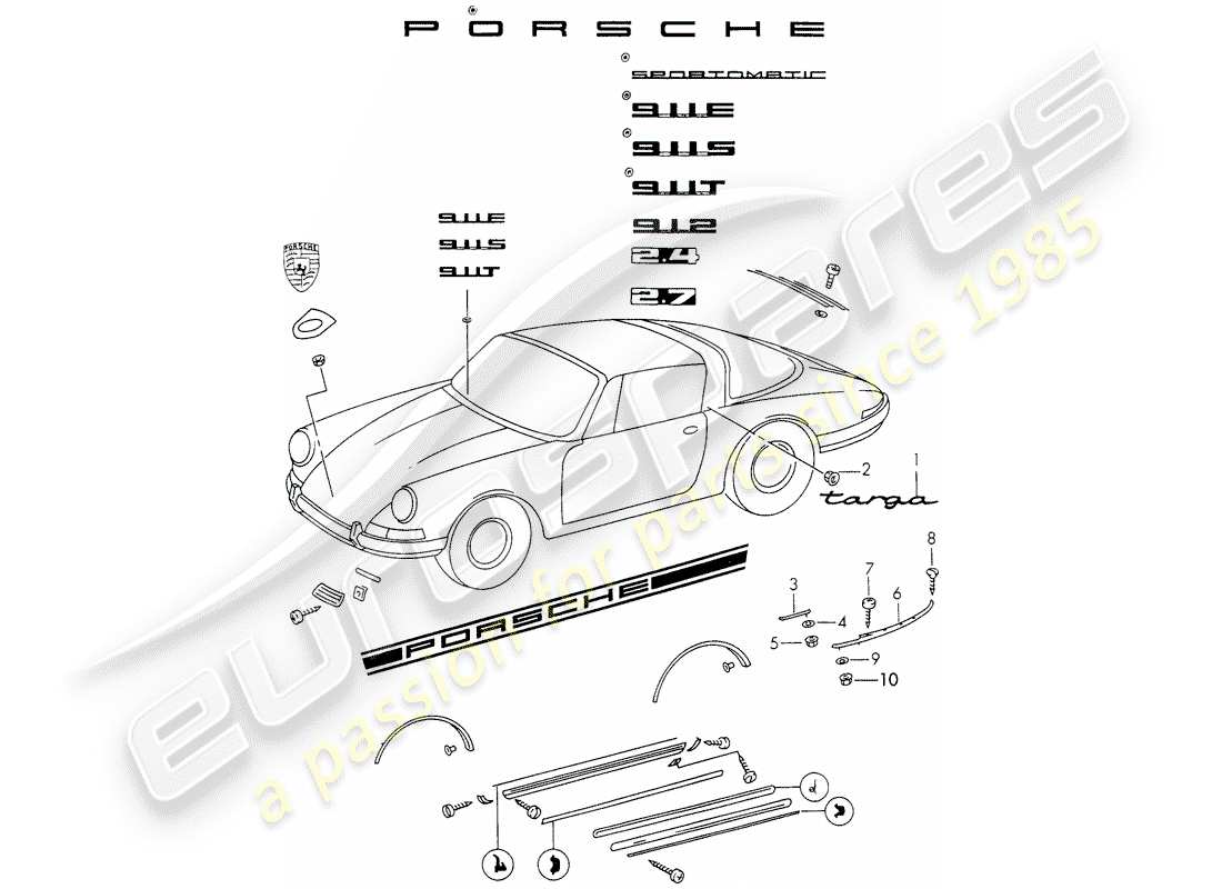 porsche 1973 (911) dekorative beschläge ersatzteildiagramm