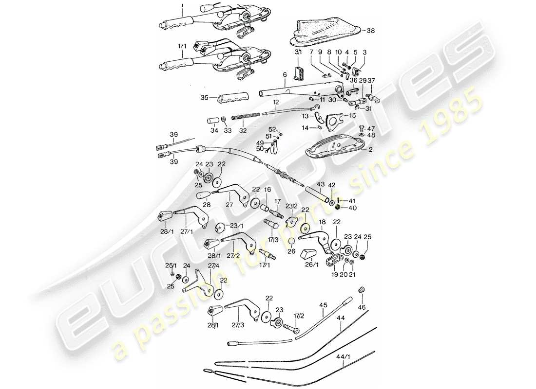 porsche 1976 (911) bedienhebel - handbremse - manuelles gas teilediagramm