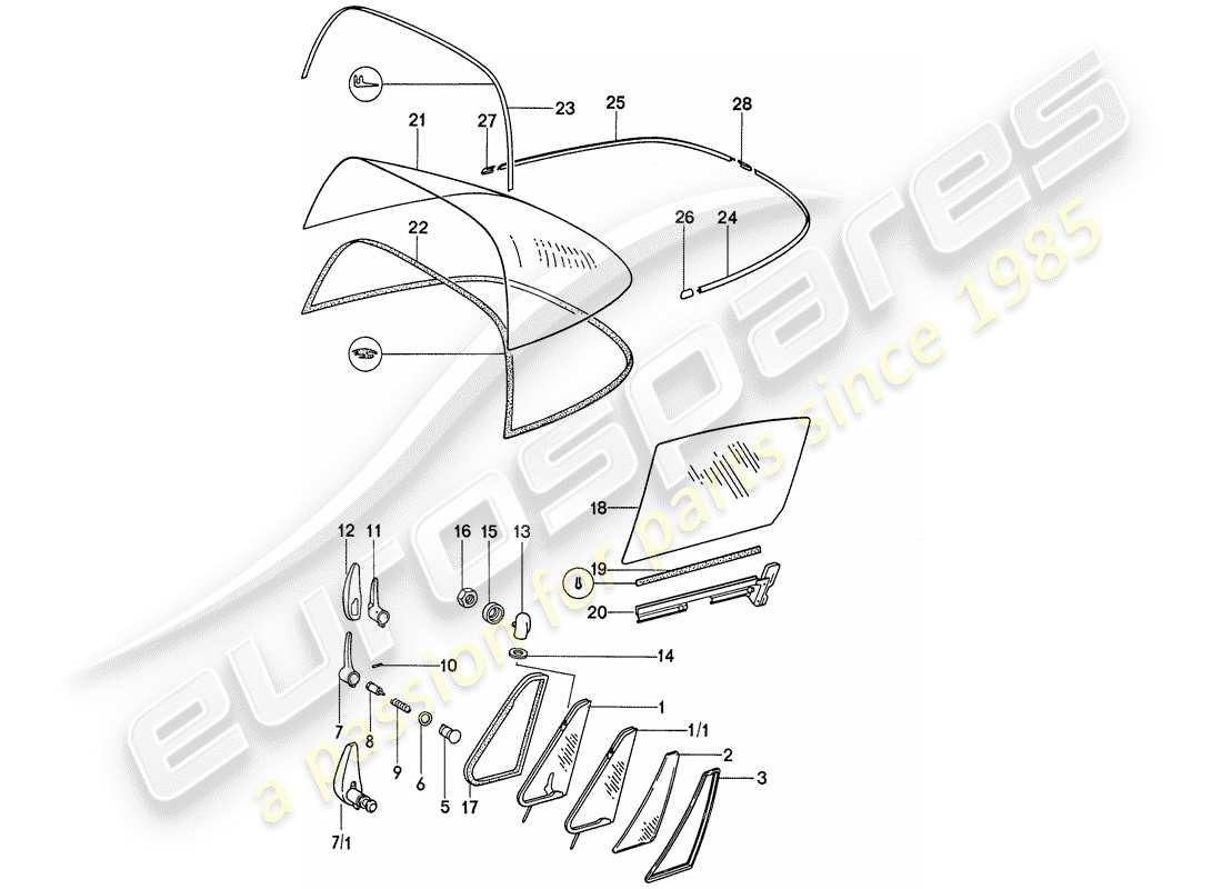 porsche 1974 (911) fensterverglasung ersatzteildiagramm