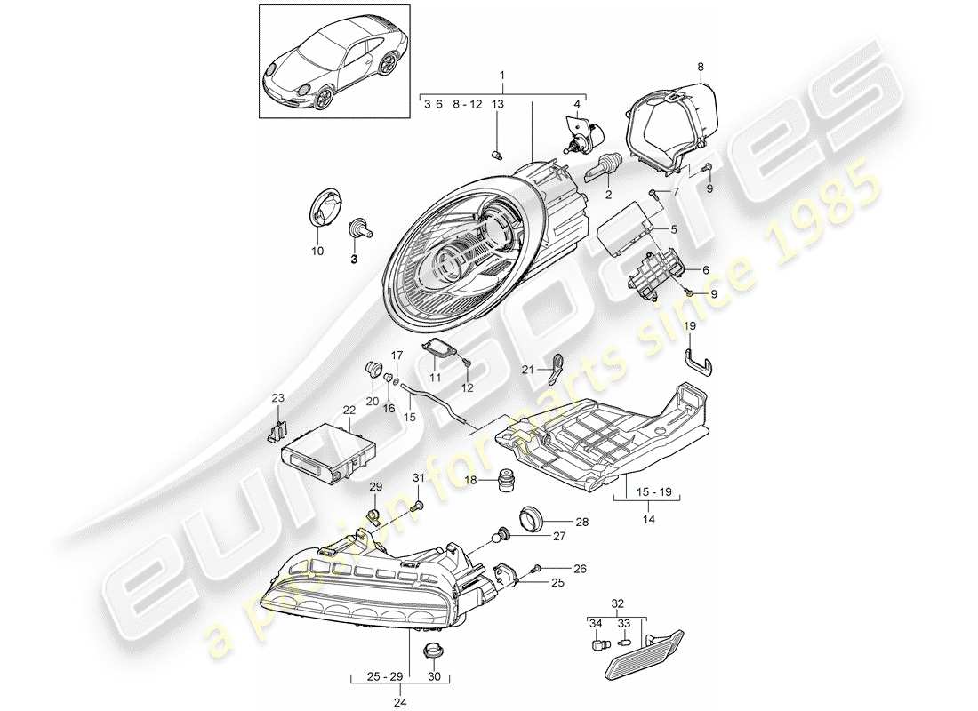 porsche 2012 (997-2) scheinwerfer-teilediagramm