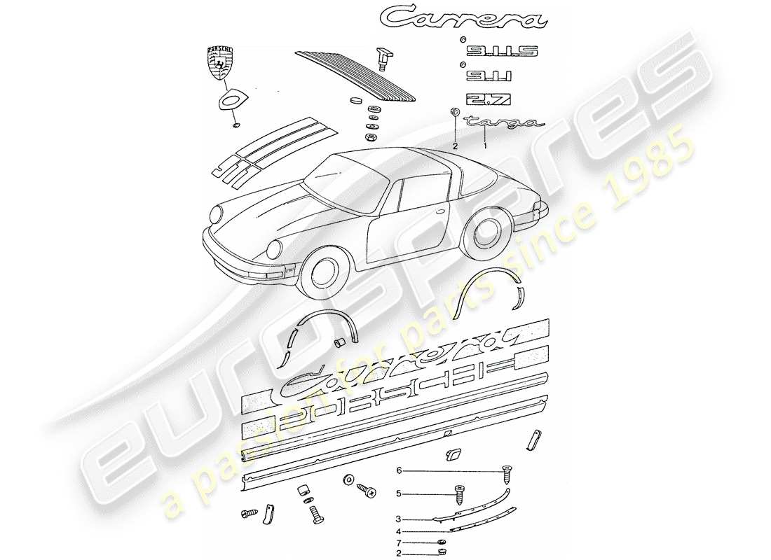 porsche 1977 (911) dekorative beschläge ersatzteildiagramm