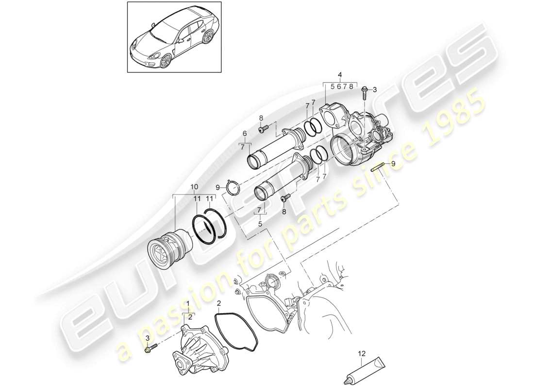 porsche 2010 (cayenne e1 9pa) kühlmittelpumpen-thermostatgehäuse teilediagramm
