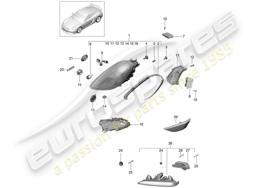porsche 2016 (981 cayman gt4) scheinwerfer-teilediagramm
