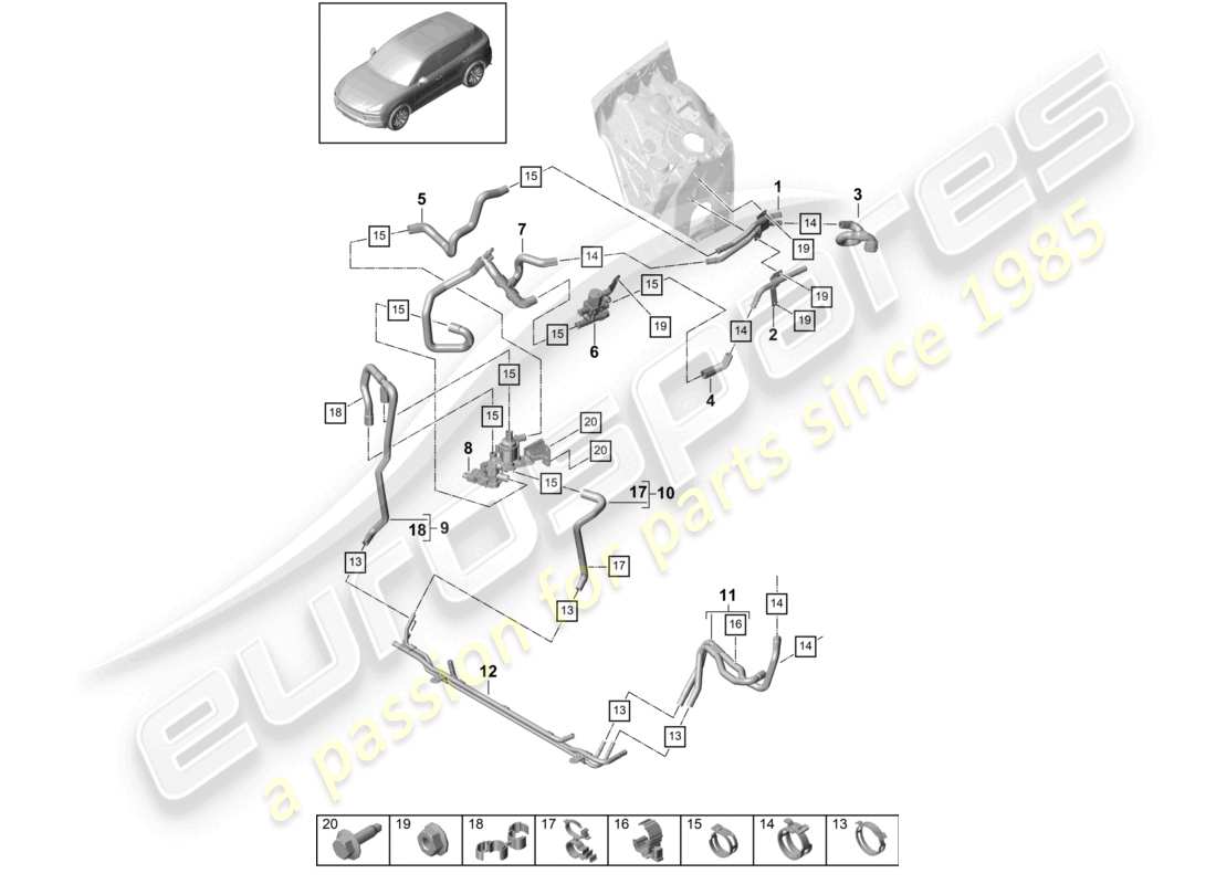 porsche 2020 (cayenne e3 9ya/9yb) heizgerät v8 hochtemperaturkreislauf vorn für fahrzeuge mit hybridantrieb ersatzteilzeichnung