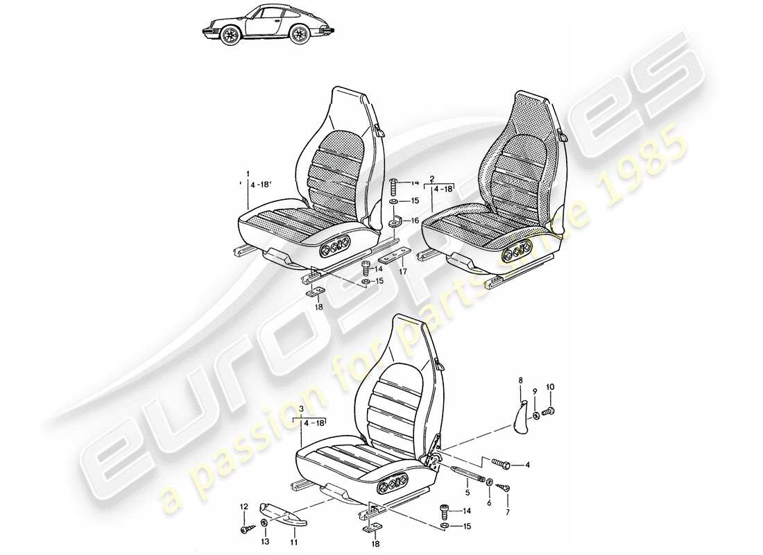 porsche 1987 (seats for 944/968/911/928) vordersitz - komplett - vollelektrisch - elektr. vertikale verstellung - - d - mj 1987>> - mj 1989 ersatzteildiagramm