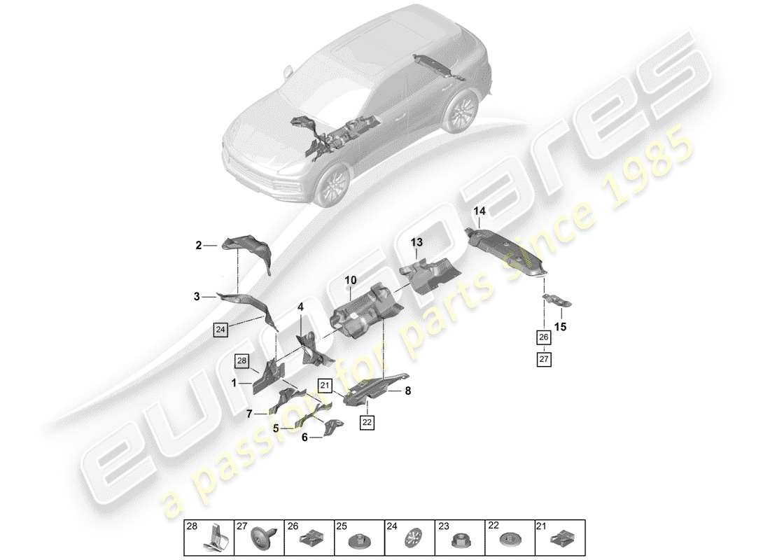 porsche 2020 (cayenne e3 9ya/9yb) wärmeablenkvorrichtung ersatzteildiagramm