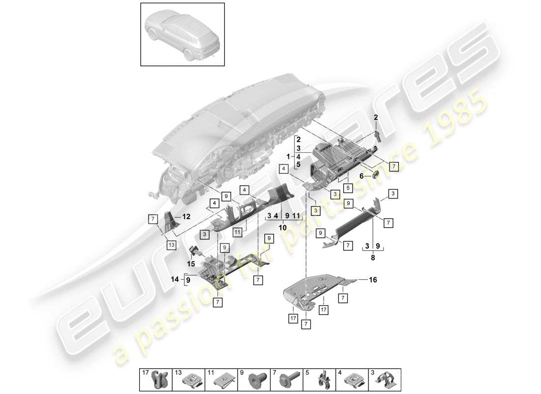 porsche 2018 (cayenne e3 9ya/9yb) armaturenbrettverkleidung - ersatzteildiagramm