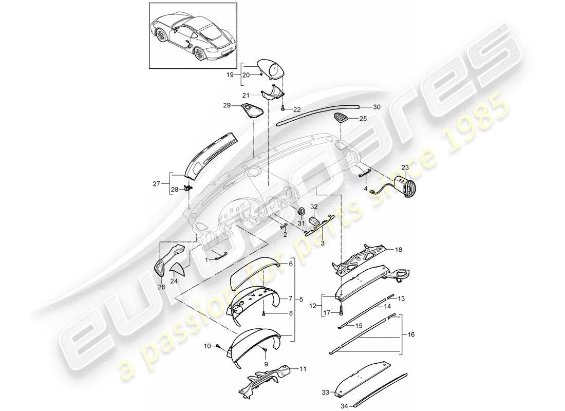 porsche 2009 (987 cayman) armaturenbrettverkleidung - ersatzteildiagramm