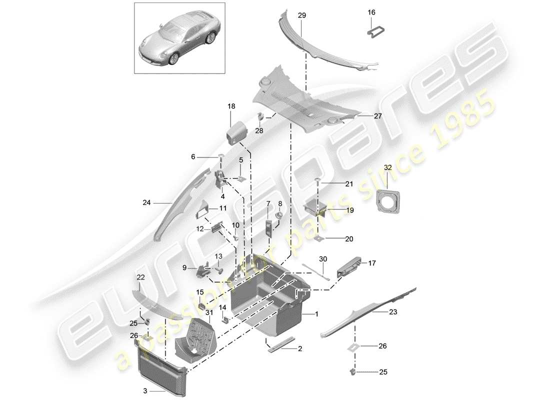 porsche 991 gen. 2 (2017) kofferraumverkleidung - ersatzteildiagramm