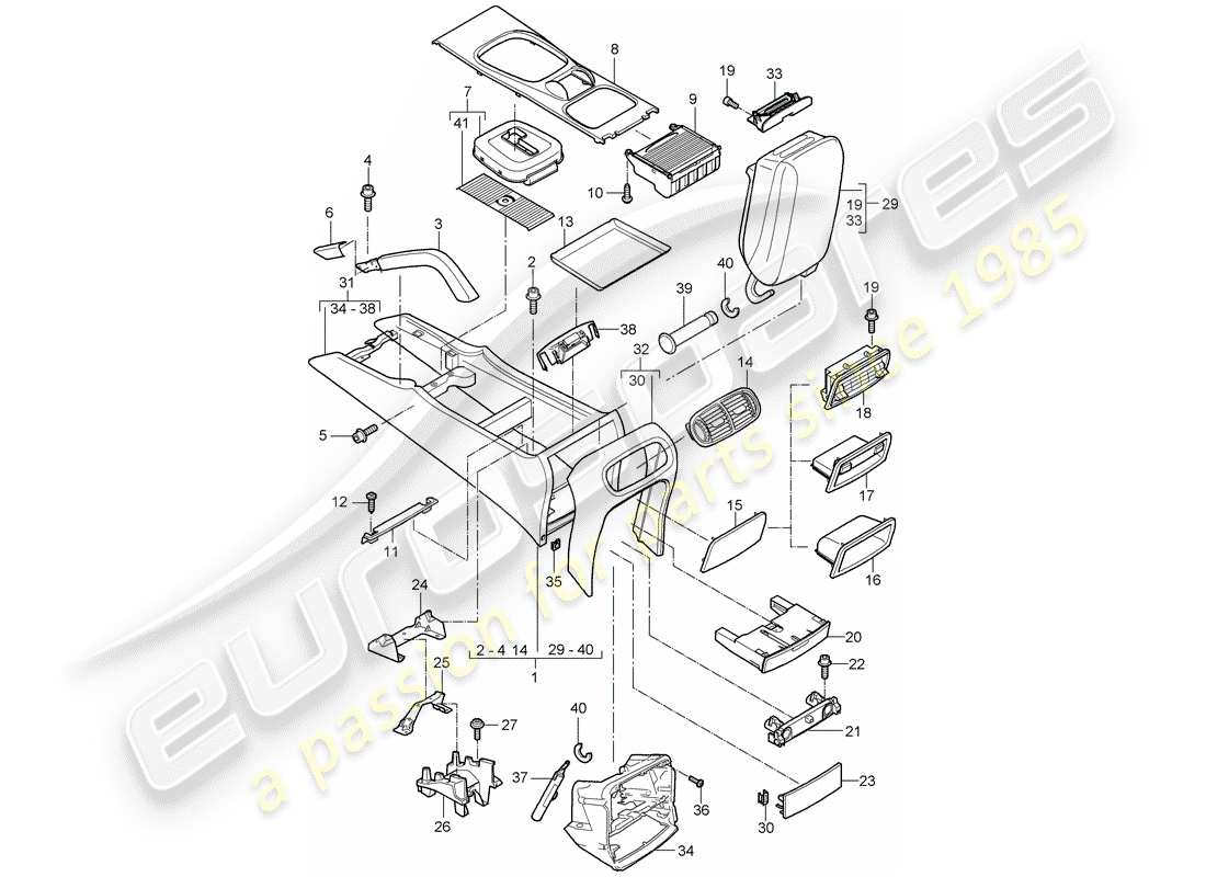 porsche 2008 (cayenne e1 9pa) center console ersatzteildiagramm