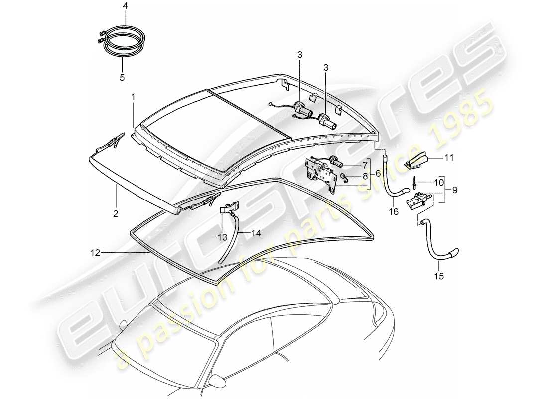 porsche 1999 (996) glasdach - ersatzteildiagramm