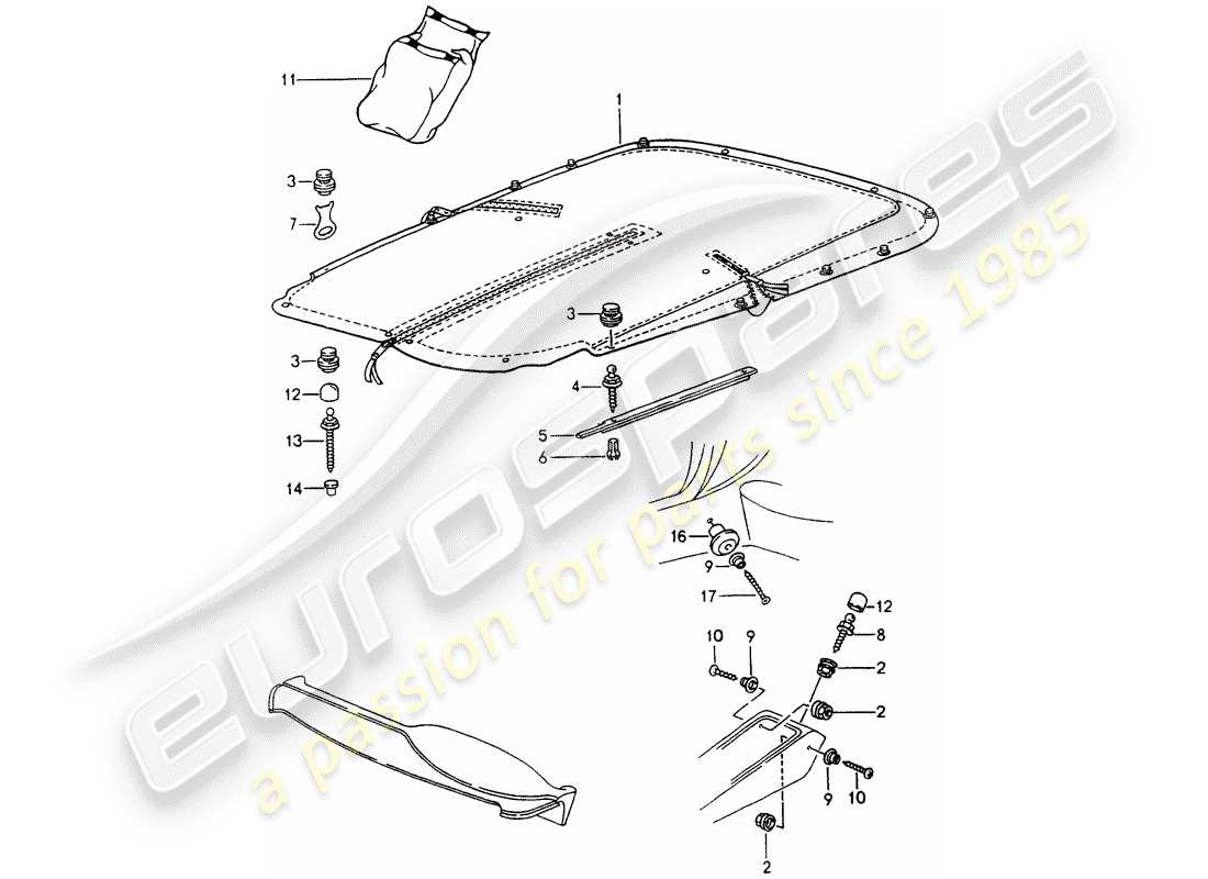 porsche 1990 (964) tonneau-abdeckung ersatzteildiagramm