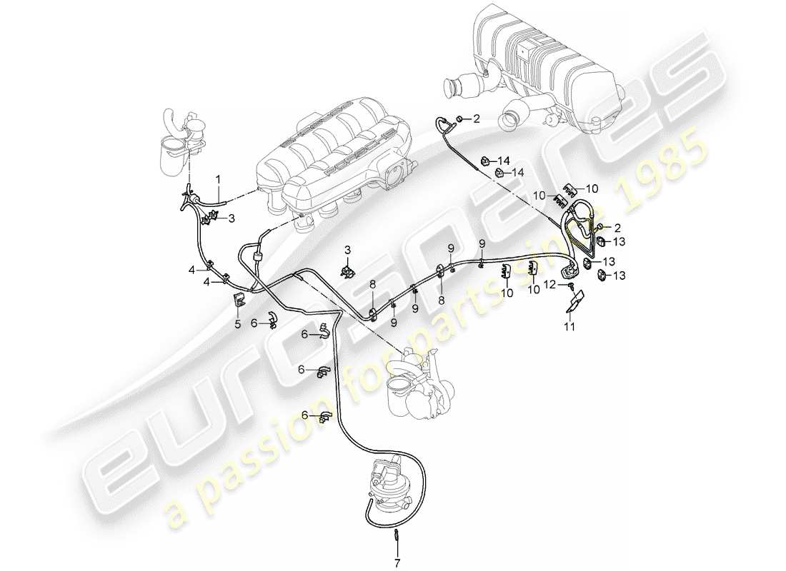porsche 2005 (carrera gt) vakuumleitung - ansaugluftverteiler - vakuumbehälter - luftinjektion - steuerkasten - abgasschalldämpfer, hinten teilediagramm