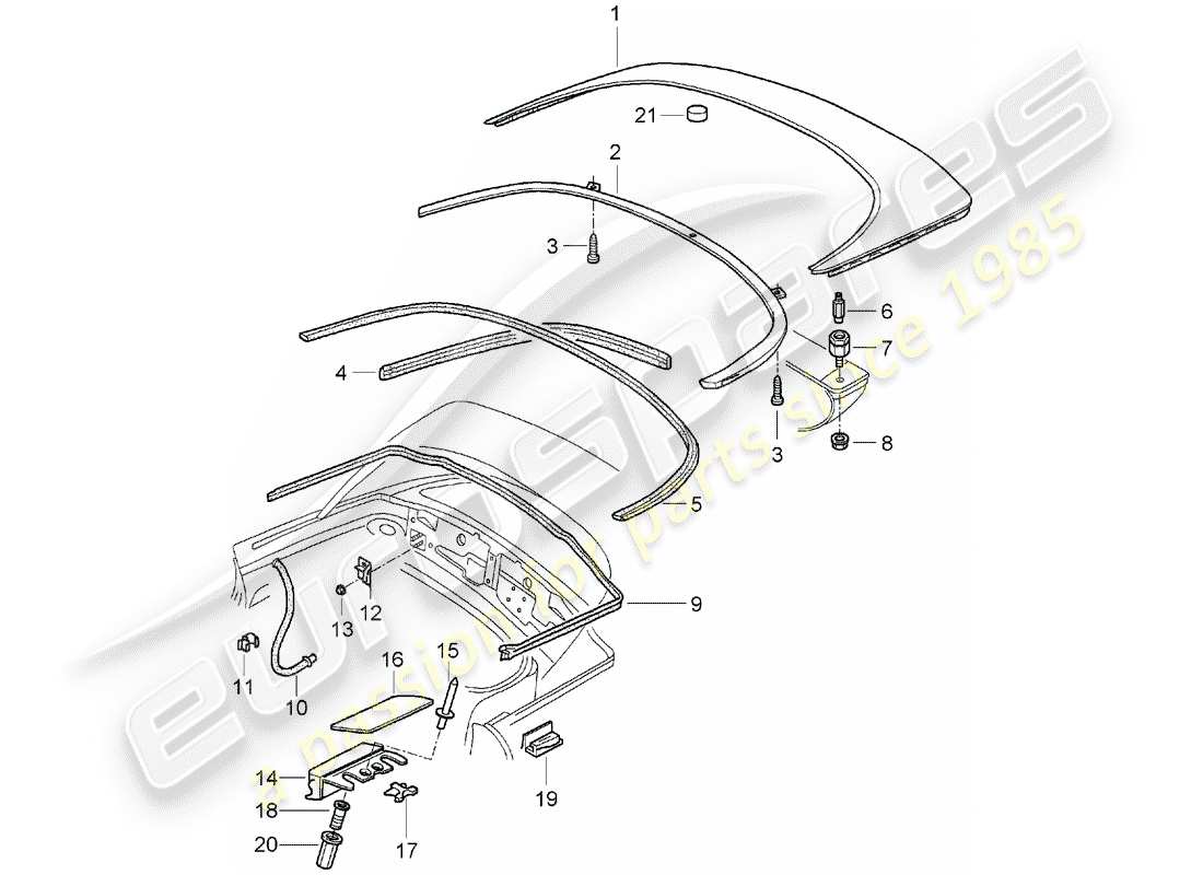 porsche 1997 (986 boxster) obere staubox - abdeckung - dichtungen ersatzteildiagramm