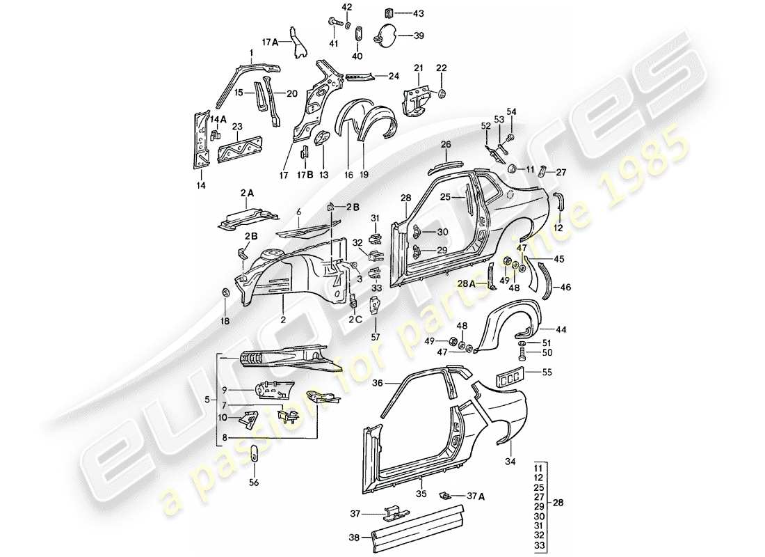 porsche 1980 (924) seitenwand teilediagramm