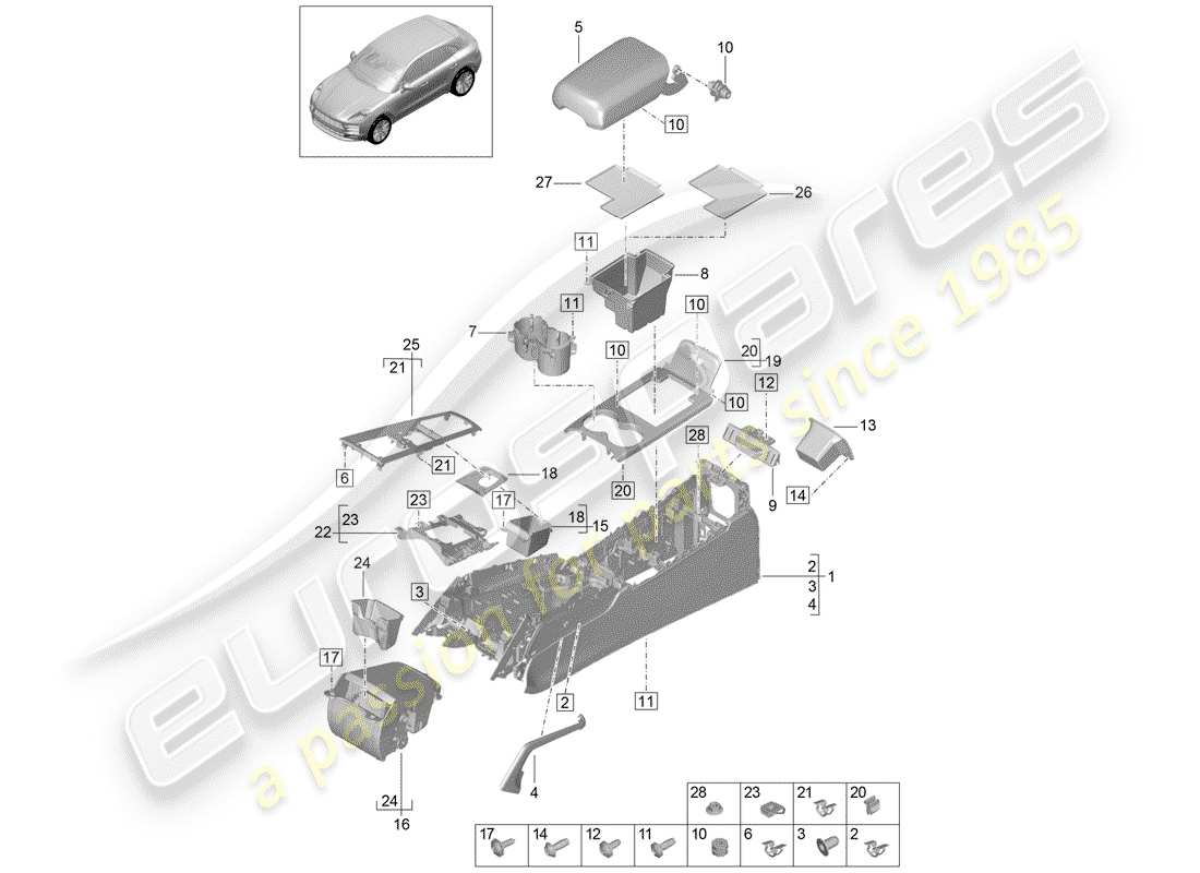 porsche 2019 (macan) center console ersatzteildiagramm