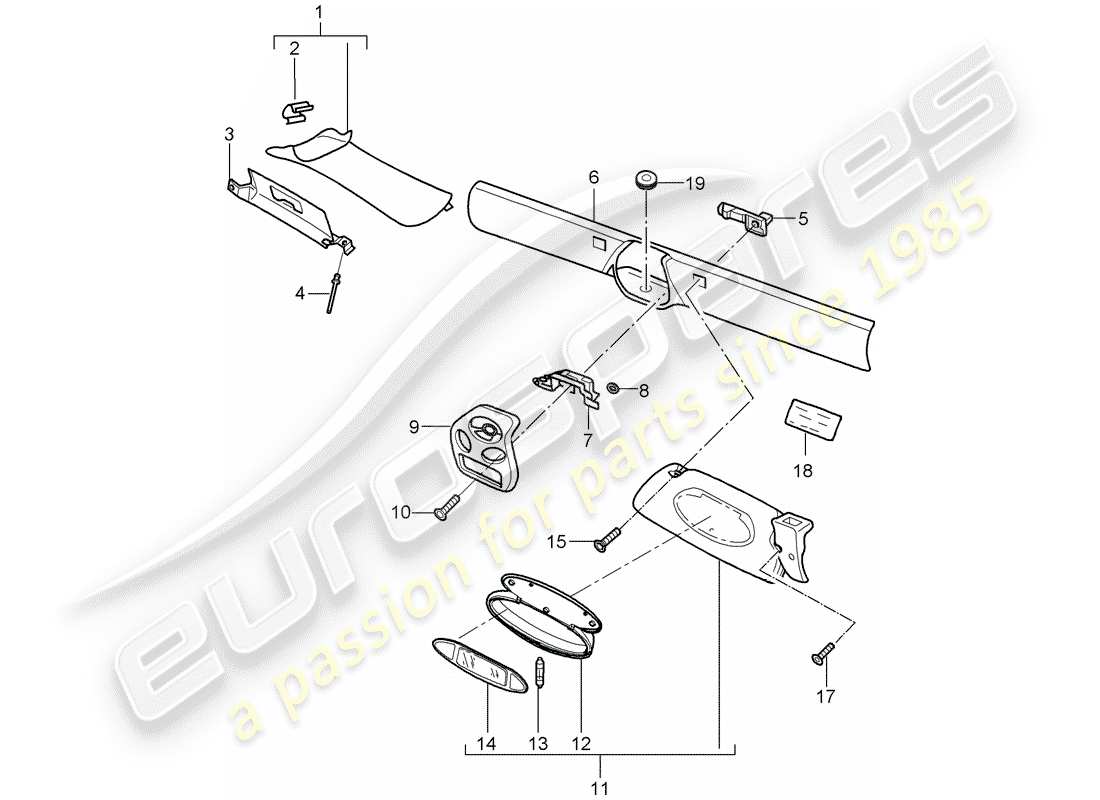 porsche 2003 (986 boxster) windschutzscheibenrahmen - sonnenblenden ersatzteildiagramm
