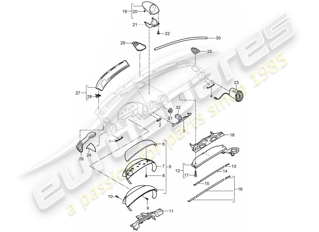 porsche 2005 (987 boxster) armaturenbrettverkleidung - ersatzteildiagramm