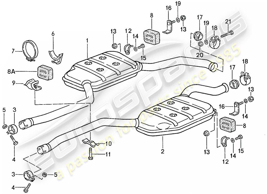 porsche 1989 (928) auspuffanlage - zwischenschalldämpfer ersatzteildiagramm