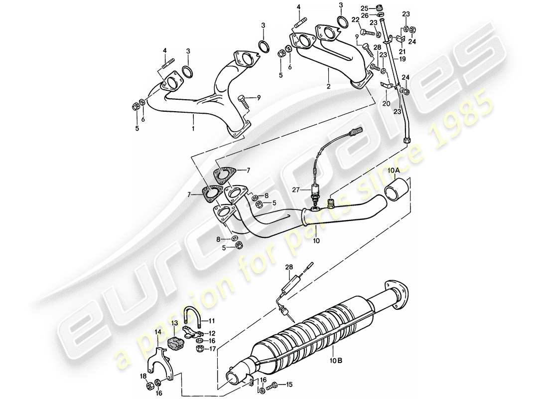 porsche 1988 (944) auspuffanlage - katalysator teilediagramm