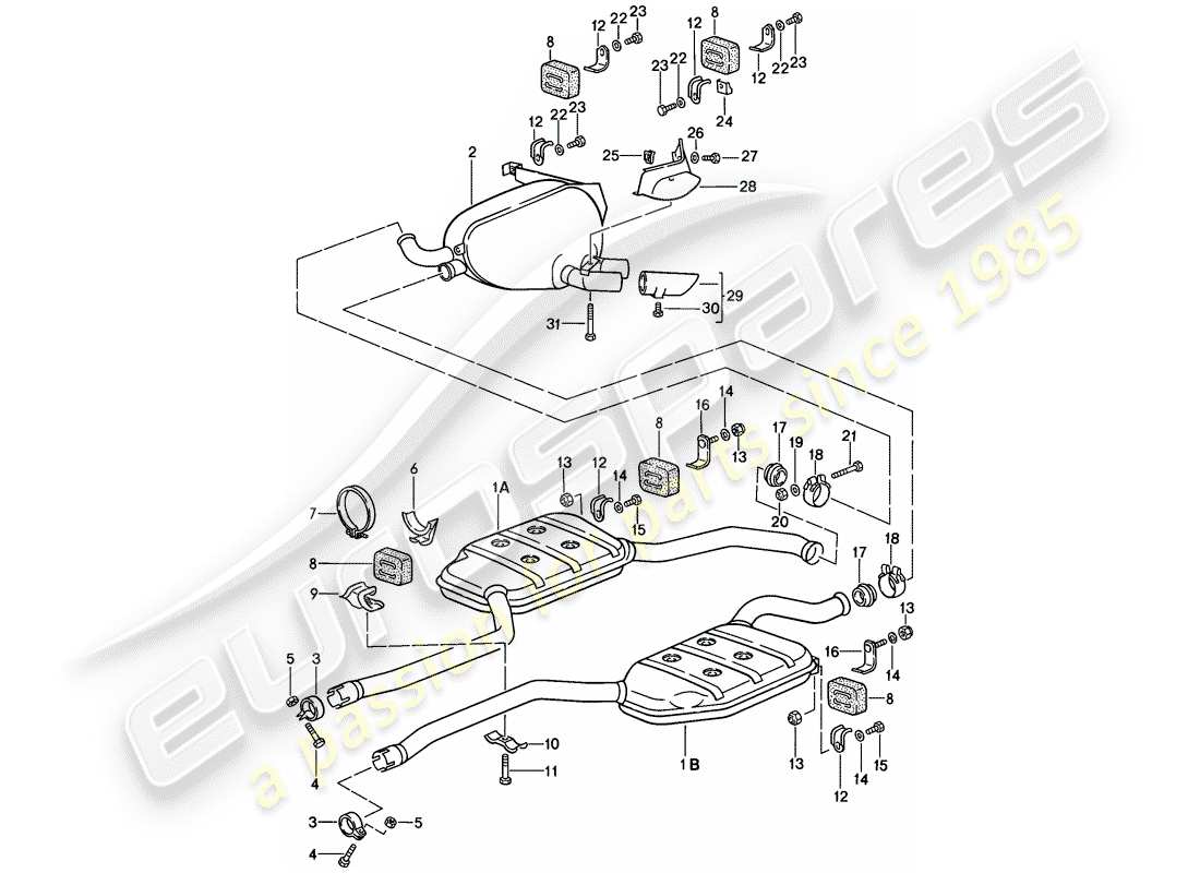 porsche 1985 (928) auspuffanlage - schalldämpfer - auspuff teilediagramm