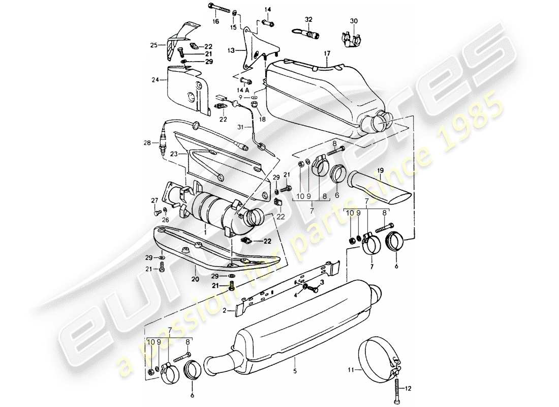 porsche 1991 (964) auspuffanlage - schalldämpfer - auspuff - katalysator teilediagramm