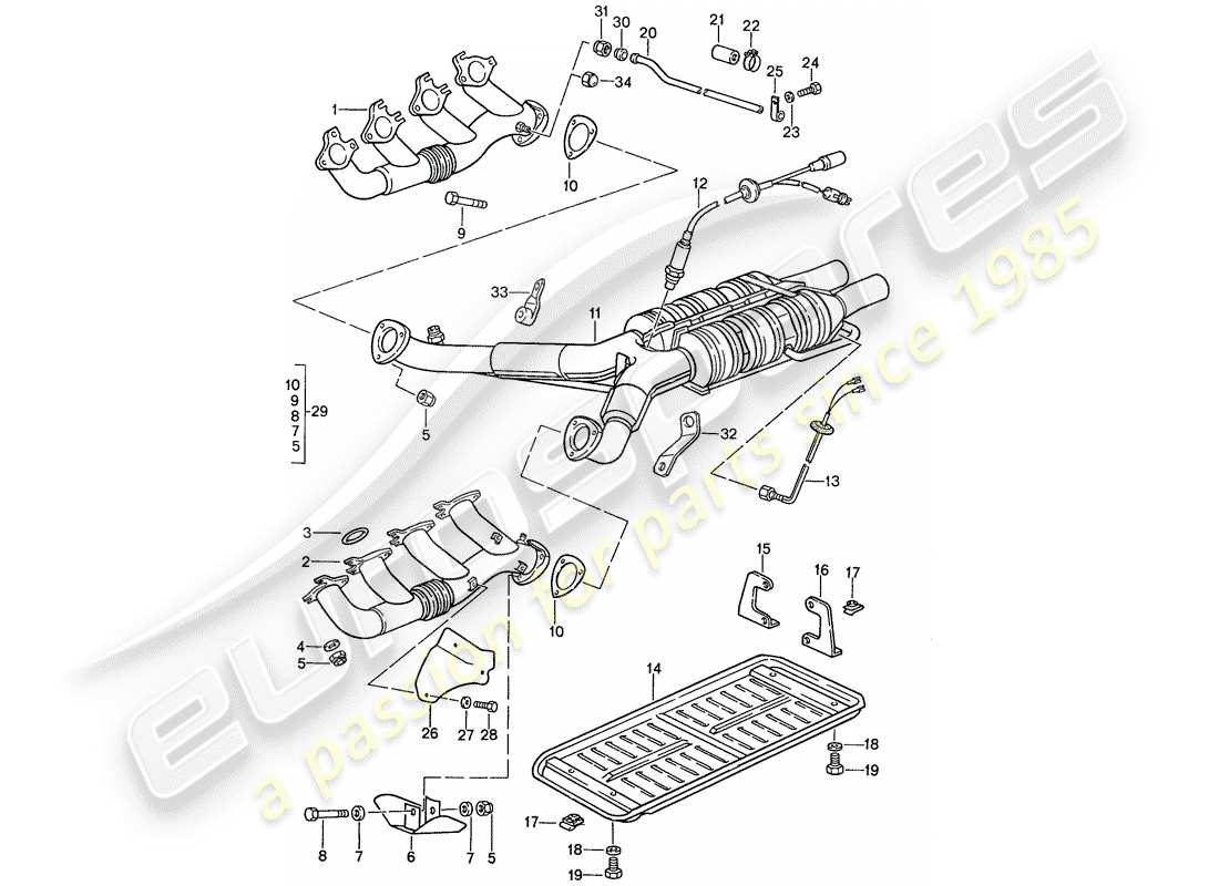 porsche 1990 (928) auspuffanlage - katalysator teilediagramm
