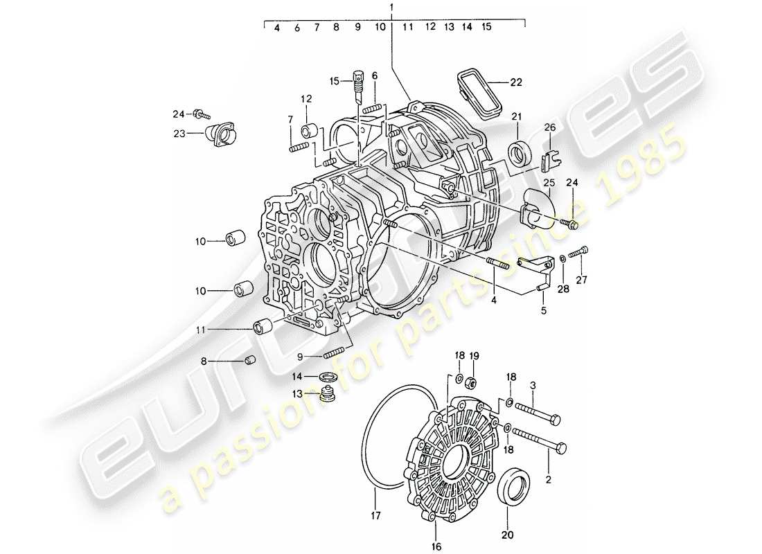 porsche 1996 (993) ersatzgetriebe - einbaubereit - getriebegehäuse teilediagramm