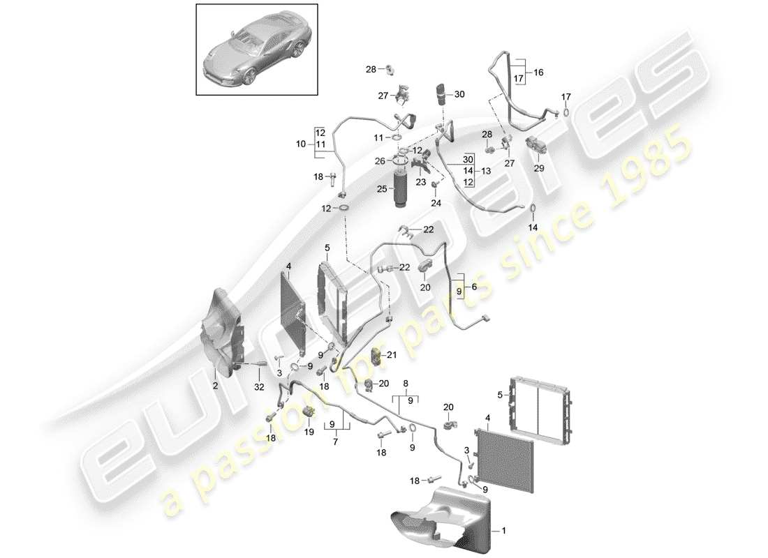 porsche 2020 (991-2 turbo) kältemittelkreislauf teilediagramm