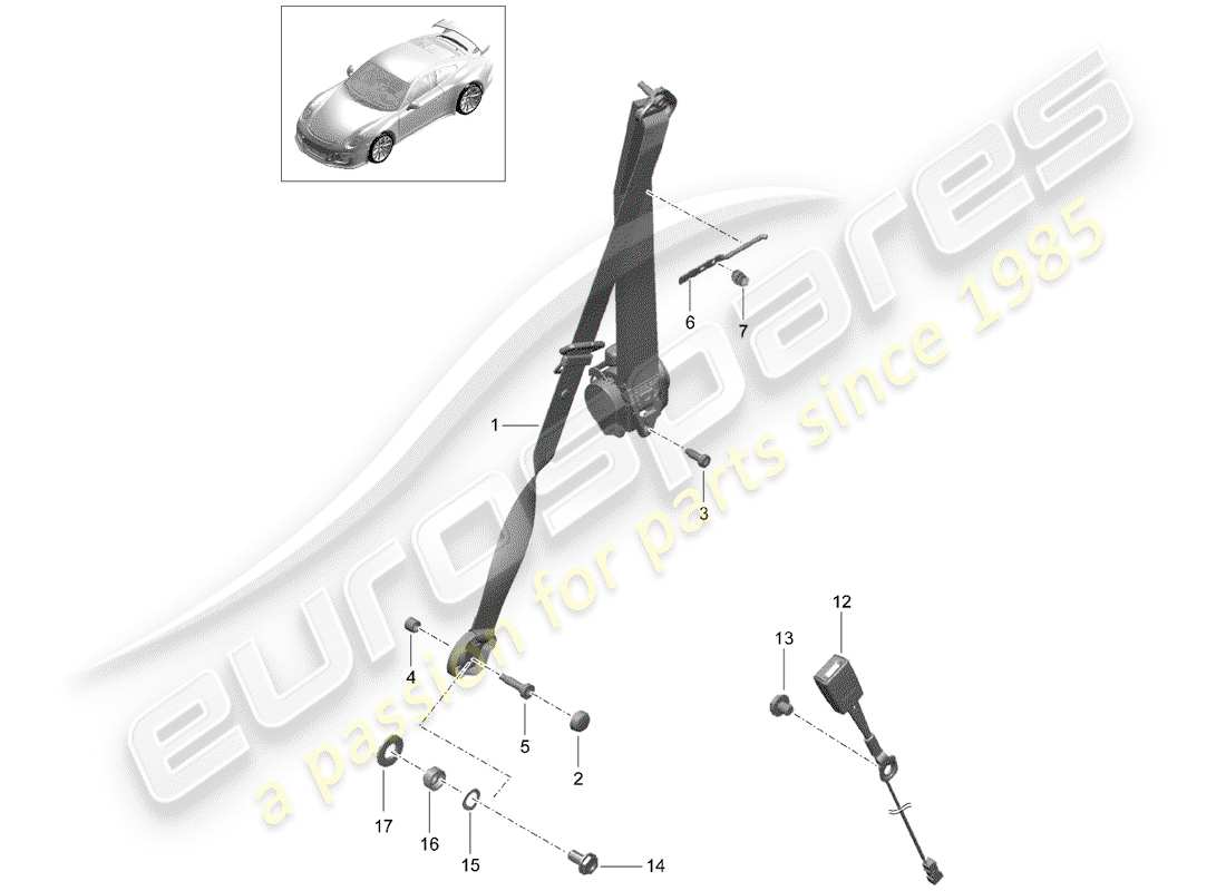 porsche 2016 (991-1 r/gt3/rs) dreipunkt-sicherheitsgurt – teilediagramm