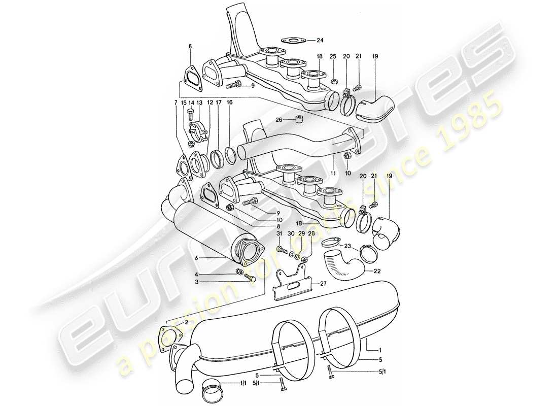 porsche 1974 (911) auspuffanlage - d - mj 1975>> ersatzteildiagramm