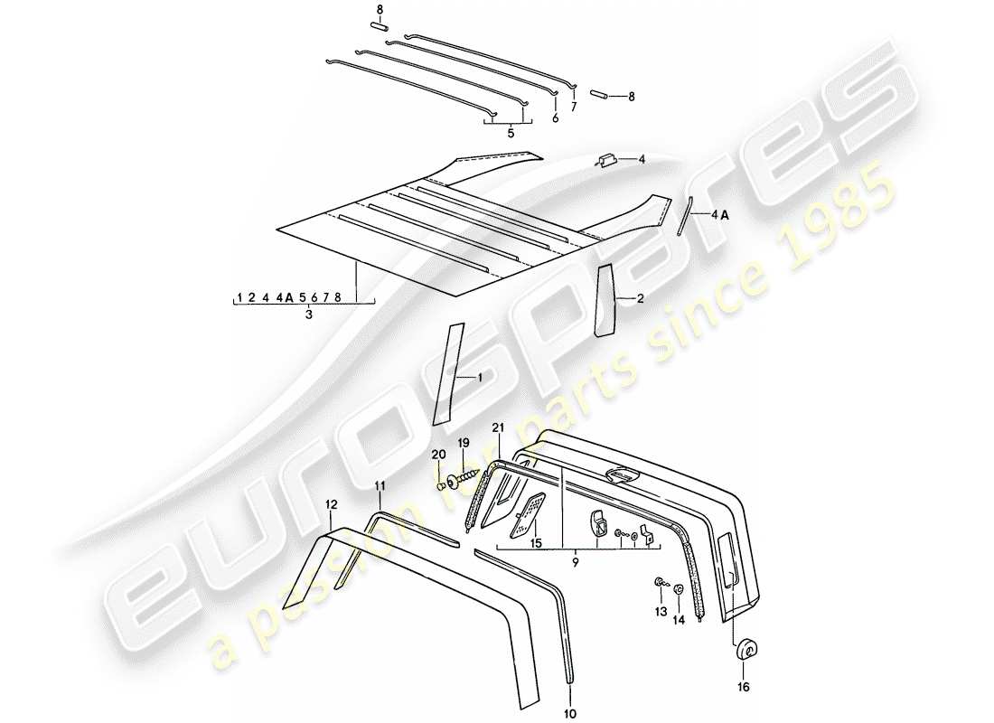 porsche 1989 (911) innenausstattung - dach - überrollbügel ersatzteildiagramm