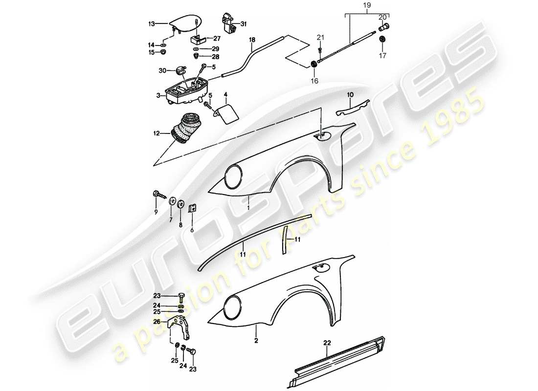 porsche 1987 (911) kotflügel - mit: - kunststoffbecher für tank - zur montage werkstattmaterial verwenden ersatzteildiagramm