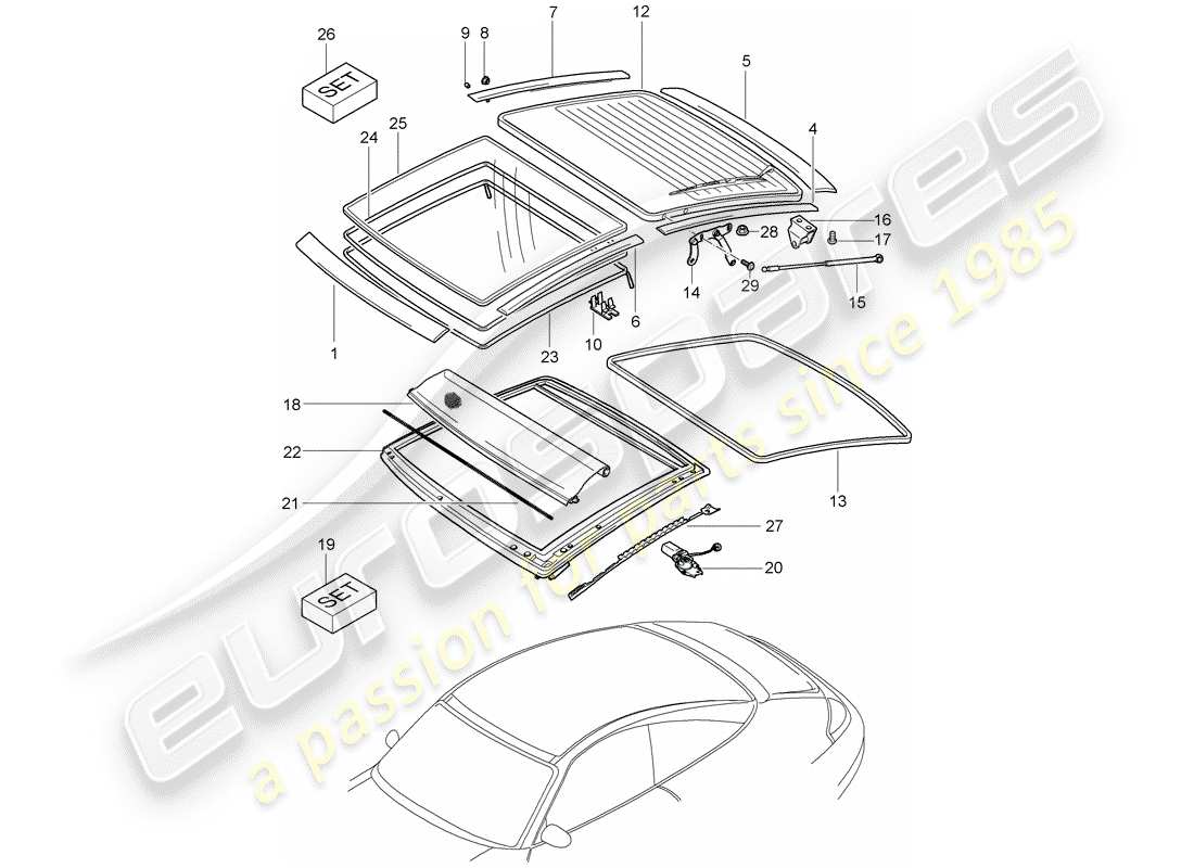 porsche 2003 (996) glasdach - verkleidungen ersatzteildiagramm
