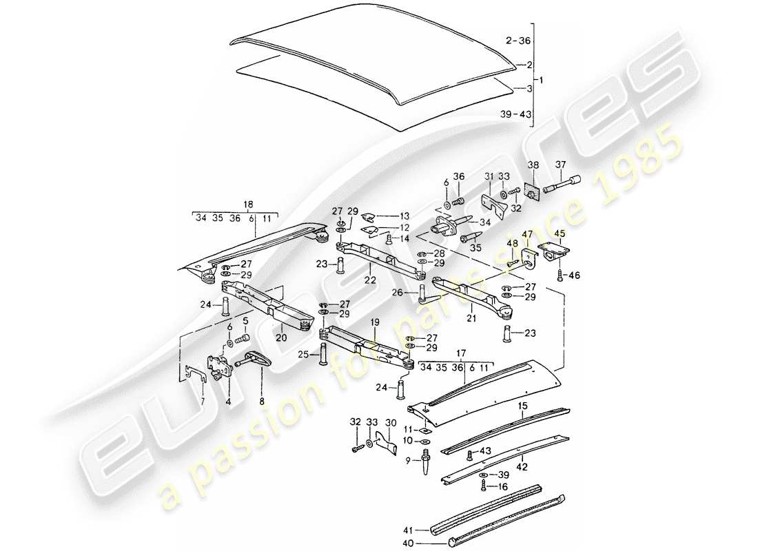porsche 1989 (964) soft top-ersatzteildiagramm