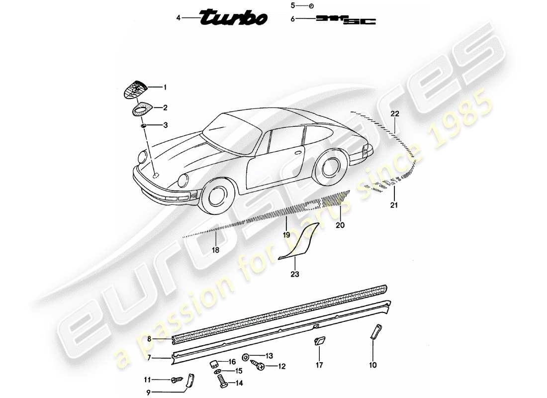 porsche 1979 (911) dekorative beschläge ersatzteildiagramm