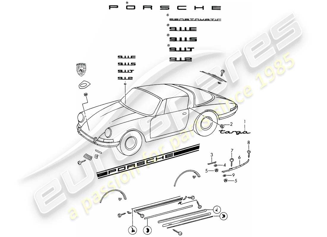 porsche 1966 (911/912) dekorative beschläge ersatzteildiagramm