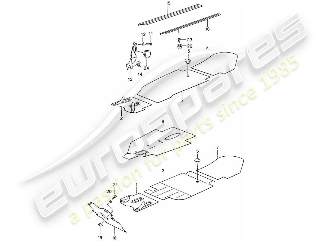 porsche 1995 (993) verkleidungen - fussraum - abnehmbare teppiche ersatzteildiagramm