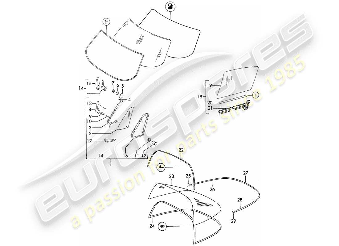 porsche 1969 (911/912) fensterverglasung ersatzteildiagramm
