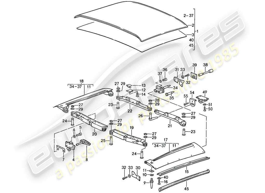 porsche 1987 (911) soft top-ersatzteildiagramm