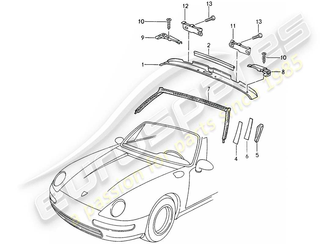 porsche 1994 (993) windschutzscheibenrahmen - zubehör ersatzteildiagramm